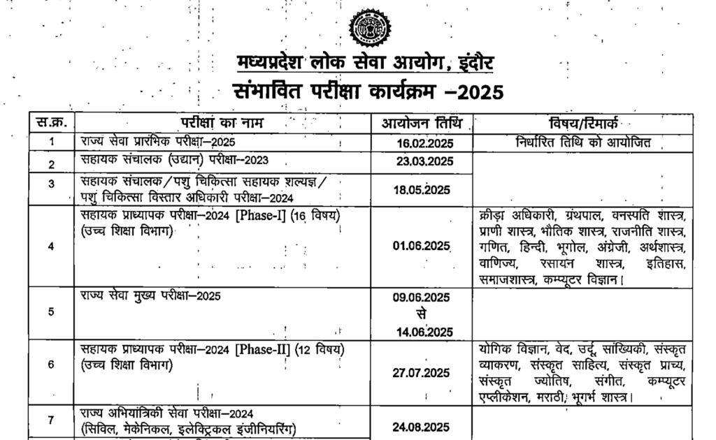 MPPSC 2025 EXAM CALENDER