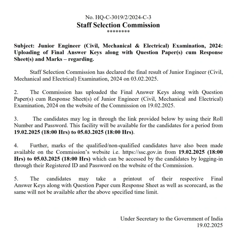 SSC JE 2024 FINAL ANSWER KEY OUT