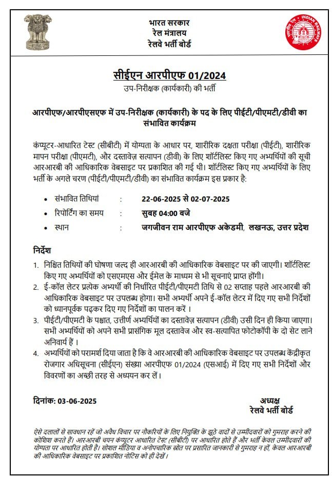 RPF Sub Inspector (Executive) PET/PMT Date 2025 जारी!