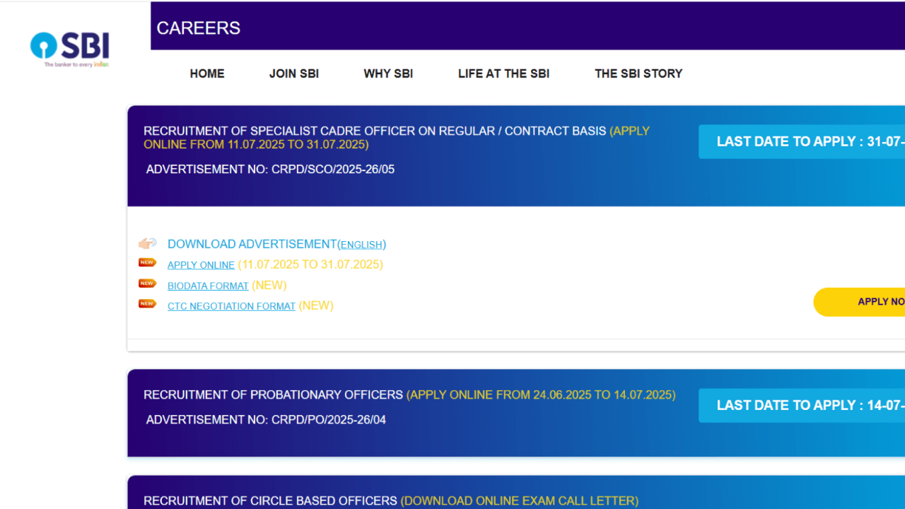 SBI SCO Recruitment 2025 – Apply Online for Specialist Officer Posts @ sbi.co.in