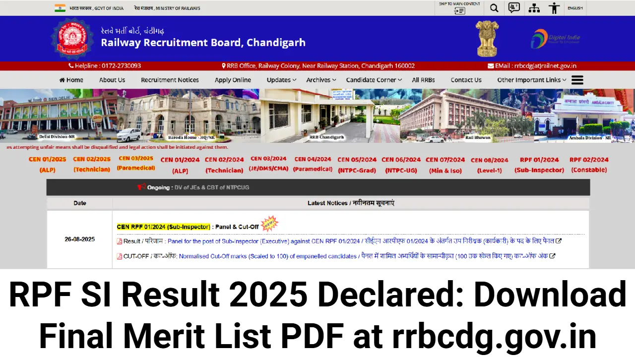 RPF SI Result 2025 Declared: Download Final Merit List PDF at rrbcdg.gov.in